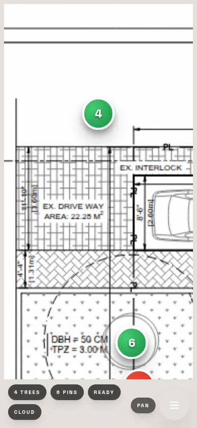LogLog mobile workspace showing a site plan with tree pins on a phone screen in the field