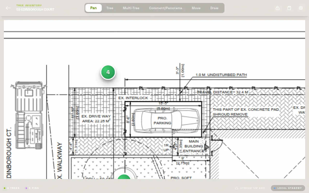 LogLog PDF site plan with numbered tree marker pins placed across a survey drawing